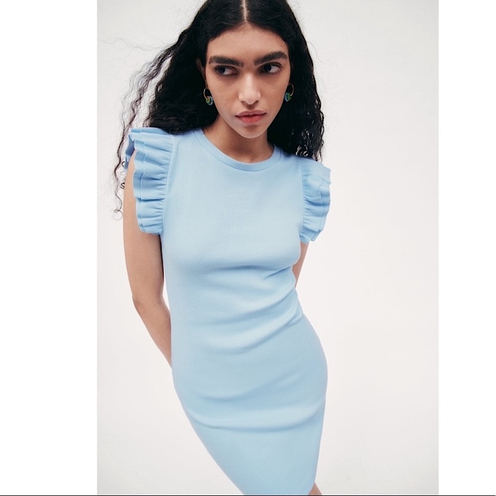 Zara Women's Light Blue Ribbed Mini Bodycon Dress Ruffle Sleeveless NWT Size S